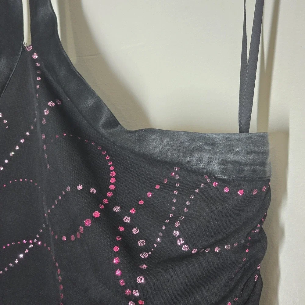Vtg Y2K I.N. San Francisco Black Pink Glitter Halter Formal Dress Ruched L USA